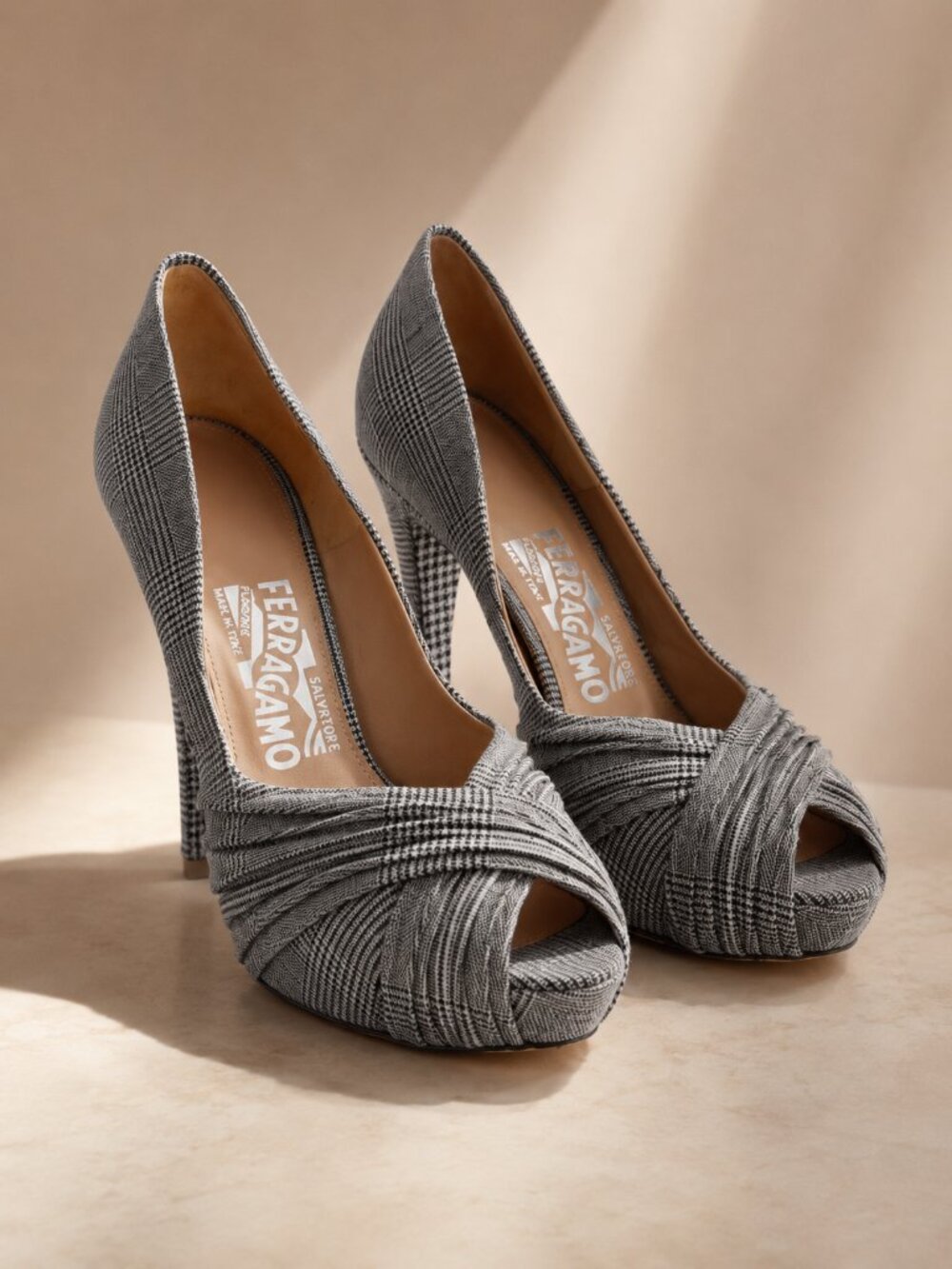Ferragamo Houndstooth Peep Toe Heels